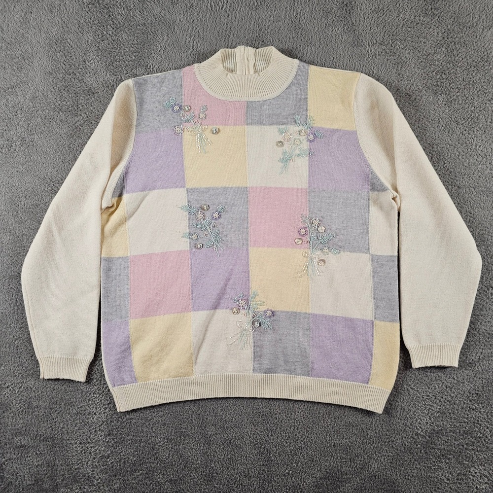 Alfred Dunner Pastel Patchwork Embroidered Floral Sequin Mock Neck Sweater M